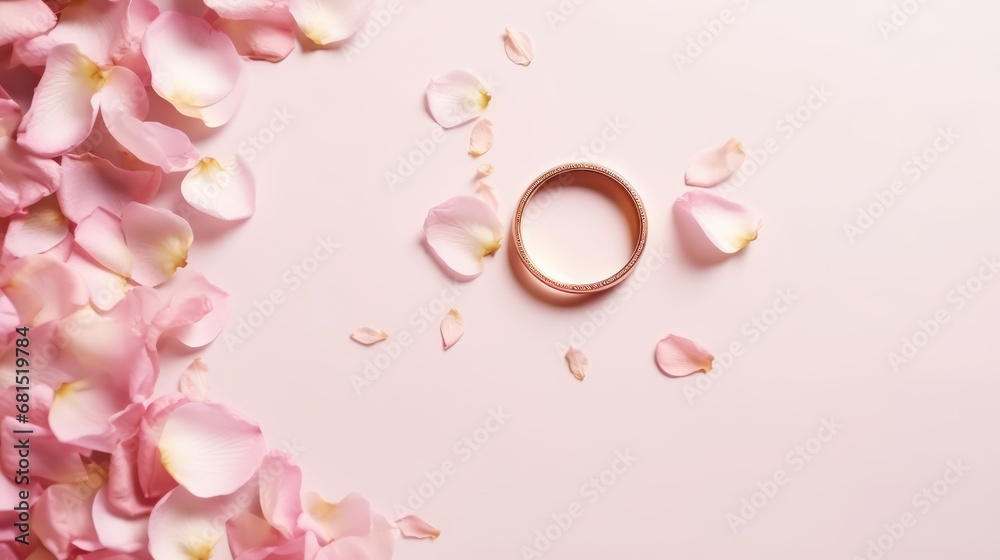 Top view of wedding ring with rose and petals isolated on background with copy space 