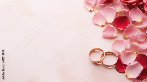 Top view of wedding ring with rose and petals isolated on background with copy space 