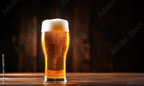 A glass of beer sitting on top of a wooden table