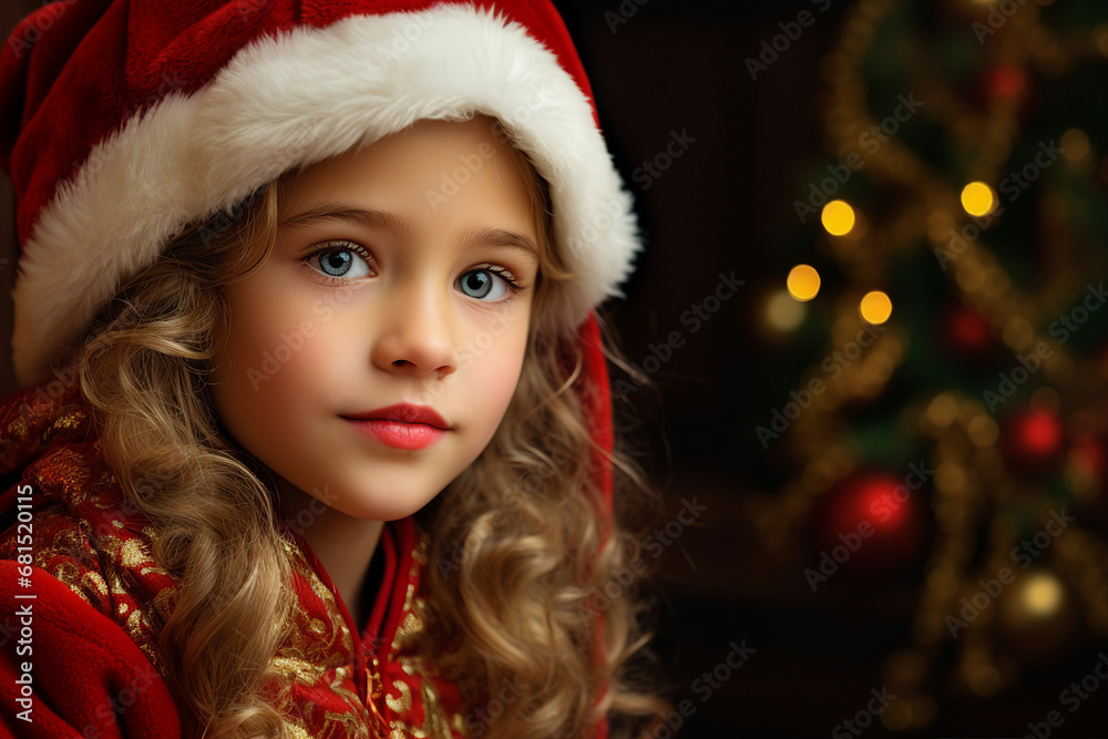 Generative AI picture of charming lovely girl in santa claus hat on blurred christmas light backdrop Generative AI picture of charming lovely girl in santa claus hat on blurred christmas light backdrop