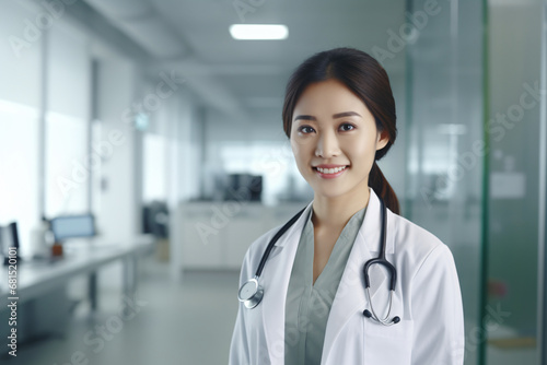 Professional portrait of an Asian female doctor standing in the clinic she's working at 