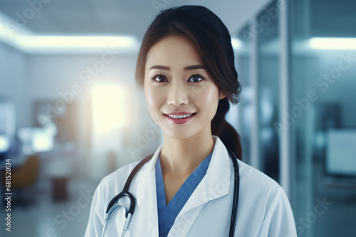 Professional portrait of an Asian female doctor standing in the clinic she's working at 