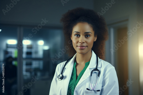 Professional portrait of an black female doctor standing in the clinic she's working at 