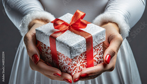 Kobiece dłonie trzymające prezent przewiązany kokardą. Motyw wręczania prezentów w okresie Bożego Narodzenia
