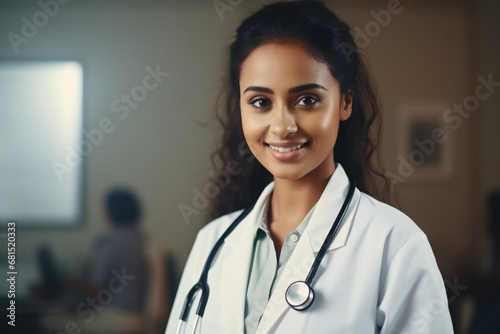 Professional portrait of a Muslim female doctor standing in the clinic she's working at 