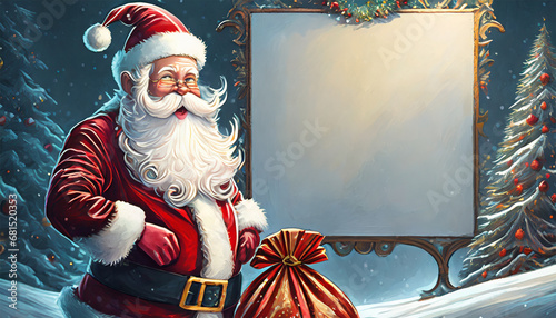 Święty Mikołaj z workiem prezentów w zimowej scenerii. Obok Mikołaja biała tablica z miejscem na tekst photo
