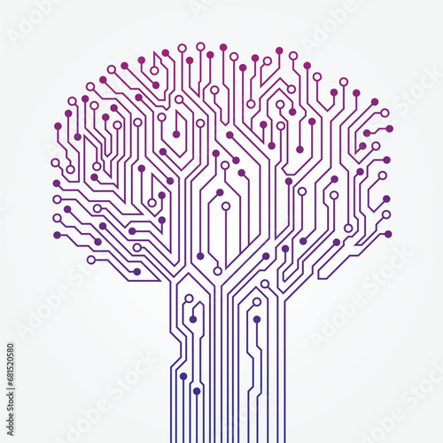 Vector circuit technology tree on white background. Computer engineering hardware system. 