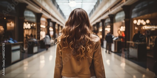 A woman with long hair from behind in a shopping mall doing shopping out of focus blurred background - generative ai