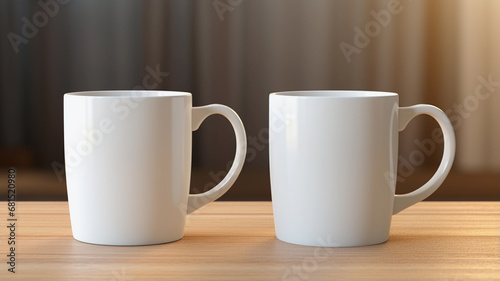 Two White Mugs Mockup Against the Background of Blurred Lights. Empty mug mock up for brand promotion.
