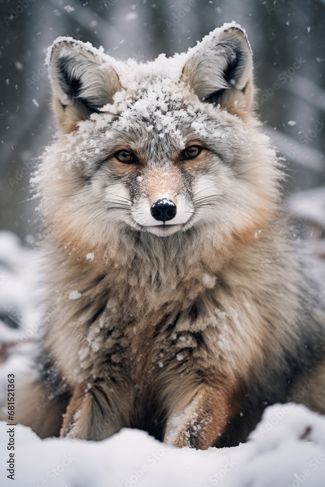 Close up of a fox covered in snow. It's winter and it's cold. Snowy background