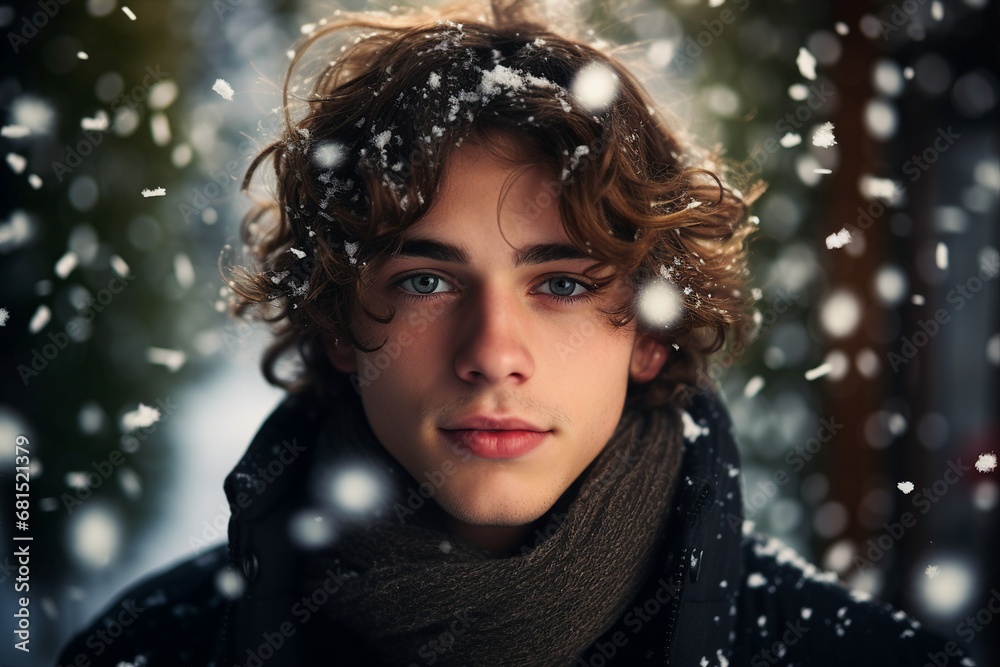 Generative AI portrait of beautiful young man having walk snowy day Christmas apmosphere lights