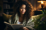Generative ai image of beautiful girl sitting at home spending free time reading novel enjoying autumn comfort