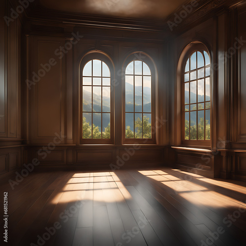  a room with a large window and a wooden floor