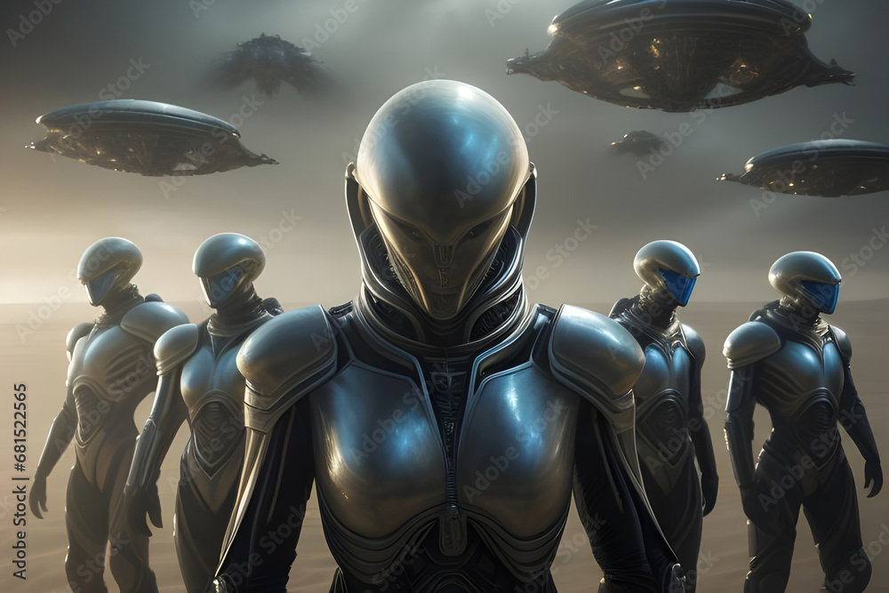 Atmospheric alien battle force with spaceships flying over. Generative AI Atmospheric alien battle force with spaceships flying over. Generative AI