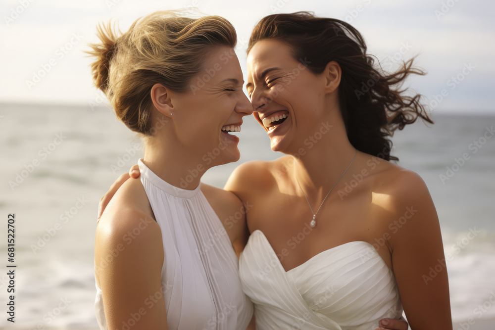 Blissful Lesbian Couple Celebrating Love On The Beach. Сoncept Romantic Sunset Picnic, Fun Water Balloon Fight, Intimate Moments, Happy Dancing On The Sand Blissful Lesbian Couple Celebrating Love On The Beach. Сoncept Romantic Sunset Picnic, Fun Water Balloon Fight, Intimate Moments, Happy Dancing On The Sand