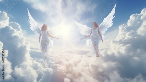 Angels fly in a heaven made of clouds.