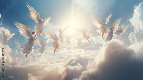 Angels fly in a heaven made of clouds.
