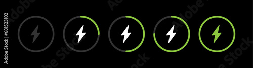 Set of circle battery charging indicators with lightning symbol. Charge level from 0 to 100 percentage. Fast wireless charging technology. Vector illustration photo