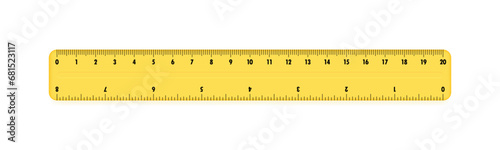 Yellow plastic ruler 20 centimeters. Measuring tool for work and learning. Ruler with double side measuring inches and centimeters. Vector illustration