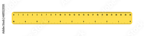 Yellow plastic ruler 25 centimeters. Measuring tool for work and learning. Ruler with double side measuring inches and centimeters. Vector illustration