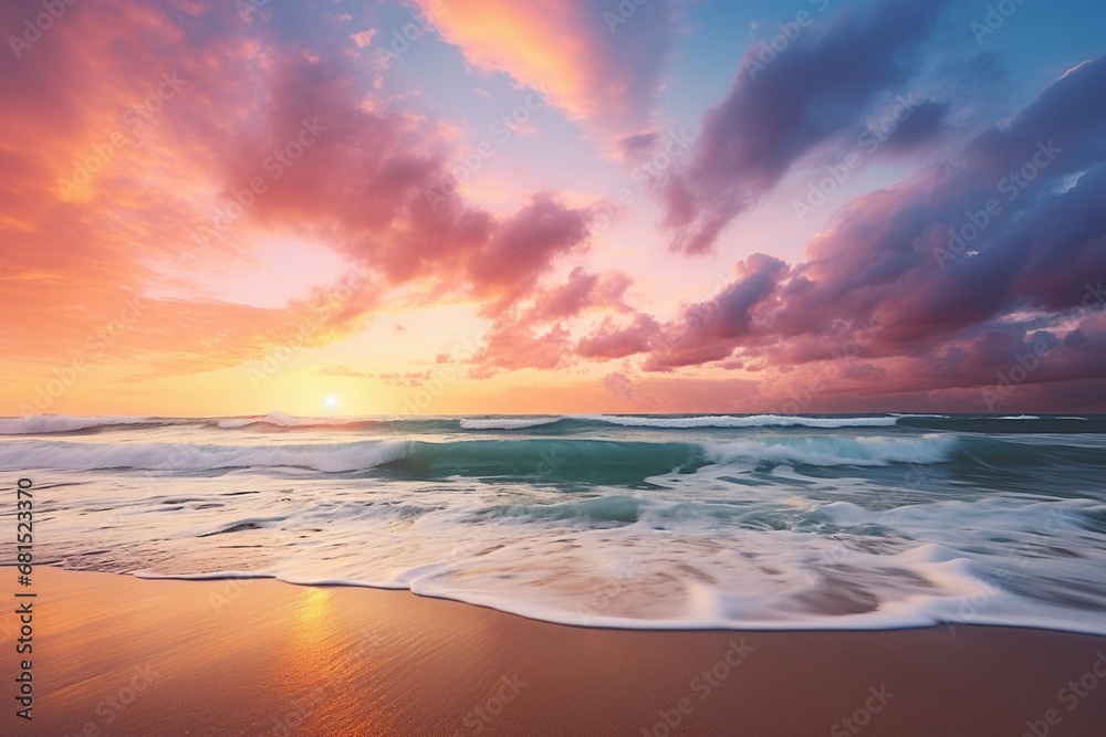 Amazing beach sunset with endless horizon and lonely figures in the distance,