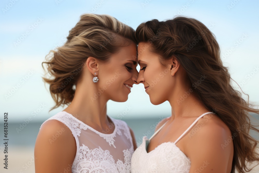 Boho Beach Wedding With Two Female Brides Sharing Affection. Сoncept Boho Beach Wedding, Same-Sex Marriage, Love And Affection, Outdoor Ceremony, Lgbtq+ Celebration Boho Beach Wedding With Two Female Brides Sharing Affection. Сoncept Boho Beach Wedding, Same-Sex Marriage, Love And Affection, Outdoor Ceremony, Lgbtq+ Celebration
