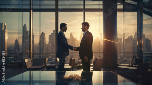 Handshake Success, Business Professionals Seal the Deal with Building Backdrop