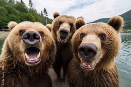 Brown Bears Posing For Selfie. Сoncept Nature's Beauty Captured, Majestic Wildlife Portraits, Bears In Their Element, Candid Animal Selfies photo