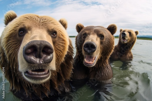 Brown Bears Posing For Selfie. Сoncept Nature Hikes, Sunset Photography, Candid Wildlife Shots