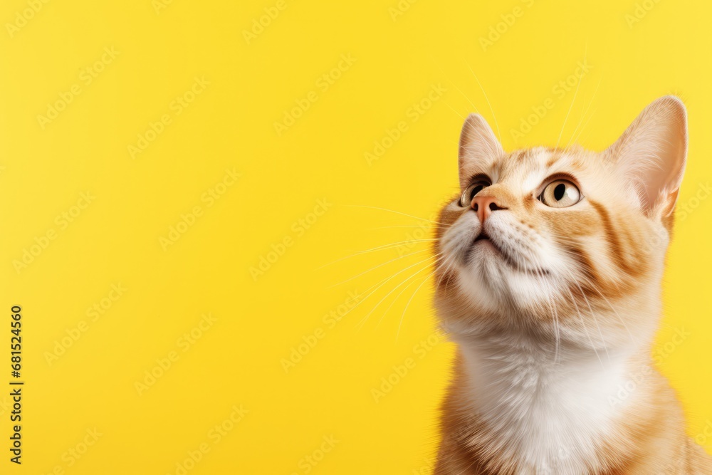 Cat Looking Up On Solid Yellow Background, Cute Banner Photorealism Cat Looking Up On Solid Yellow Background, Cute Banner Photorealism