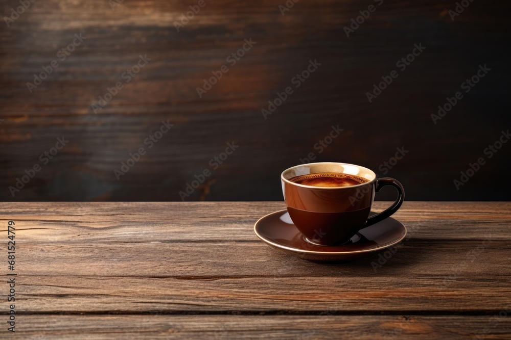 Obraz premium Coffee Cup On Wooden Table With Wood Grain And Texture Dark Brown Wooden Wall Background Photorealism