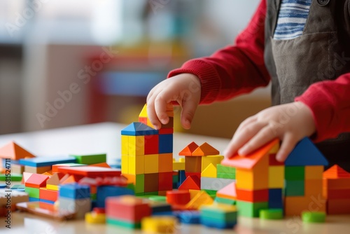 Close Up Of Childs Hand Playing With Colorful Building Blocks In Art