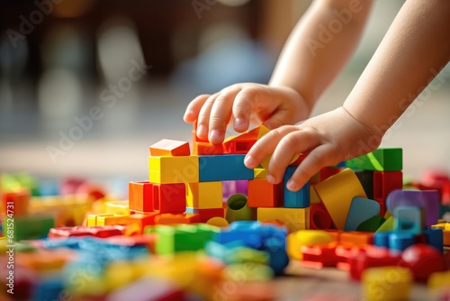 Childs Hand Playing With Colorful Building Blocks In Art. Сoncept Abstract Paintings, Nature Photography, Urban Landscapes, Candid Street Portraits, Macro Photography