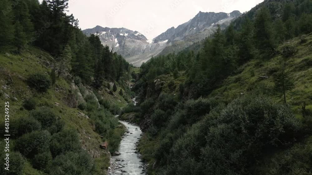 Drone flying on a white alpine river surrounded by pine trees in Val Nera Livigno Italian Alps Drone flying on a white alpine river surrounded by pine trees in Val Nera Livigno Italian Alps