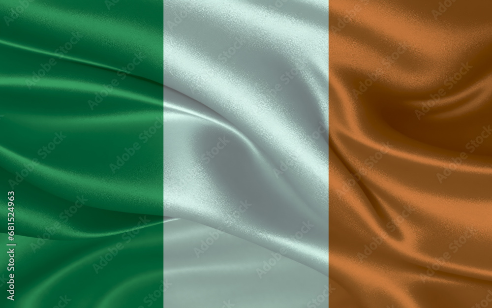 3d waving realistic silk national flag of Ireland. Happy national day Ireland flag background. close up