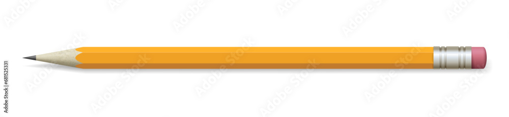 Yellow pencil with a red eraser, isolated on white background. Realistic 3d vector illustration. Stationery. School supplies. Office tools. Yellow pencil with a red eraser, isolated on white background. Realistic 3d vector illustration. Stationery. School supplies. Office tools.