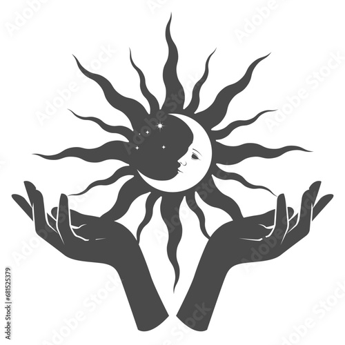 Woman hands hold black sun with moon inside on palms, occultism and mysticism, magic spells and witchcraft, vector