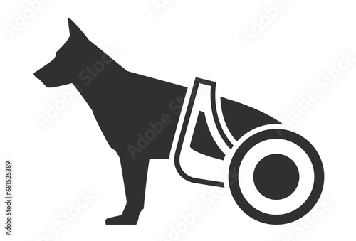 Paralyzed dog on wheelchair cart, icon of handicapped pet, disabled dog, vector