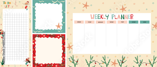 set of weekly planners Sea party . Kids schedule of classes. Notes and to do list. Memo pages with Undersea world. Winter holiday. Timetable design with Mermaid, Starfish, Crab, Shell. Organizer sheet