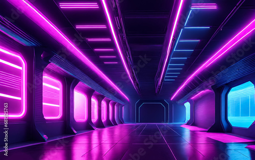 Dark corridor with neon light. AI	
