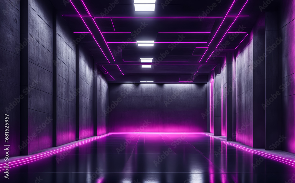 Fototapeta premium Dark corridor with neon light. AI 