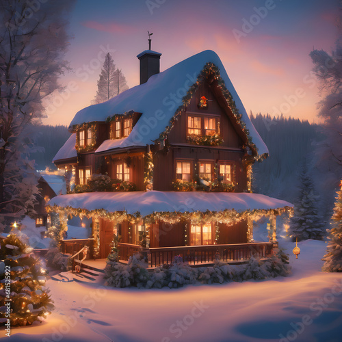 Christmas house covered with snow and decorated with holiday lights in the middle of a forest village