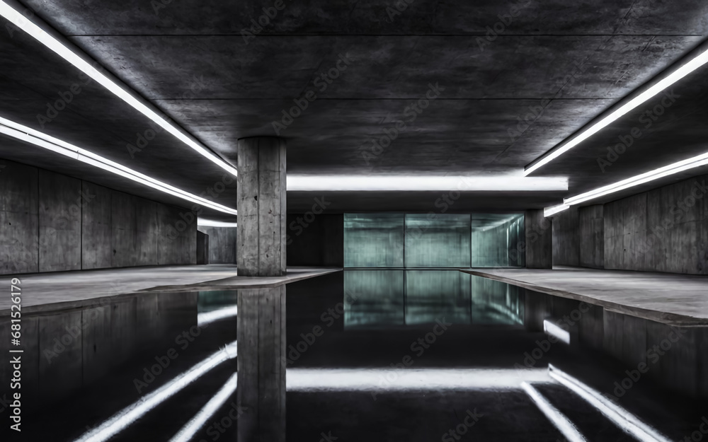 Fototapeta premium Dark corridor with neon light. AI 