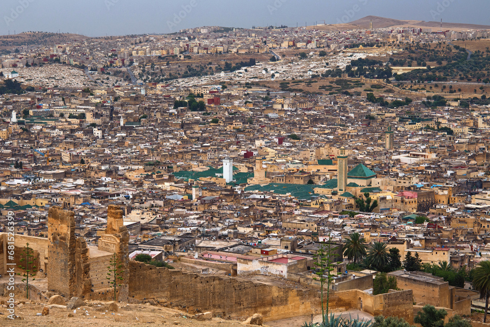 Aerial view of the Fez el Bali medina. With view of the famous University of al-Qarawiyyin and Zawiya of Moulay Idris II. Morocco.
