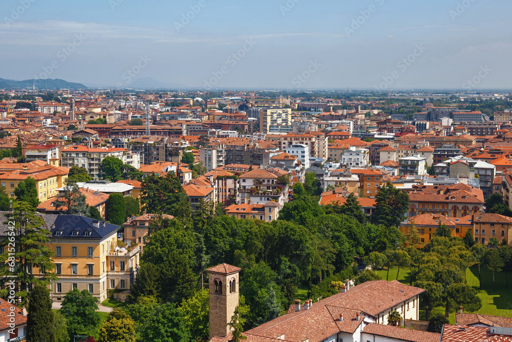 Aerial view of the old town Bergamo in Italy in sunny day.