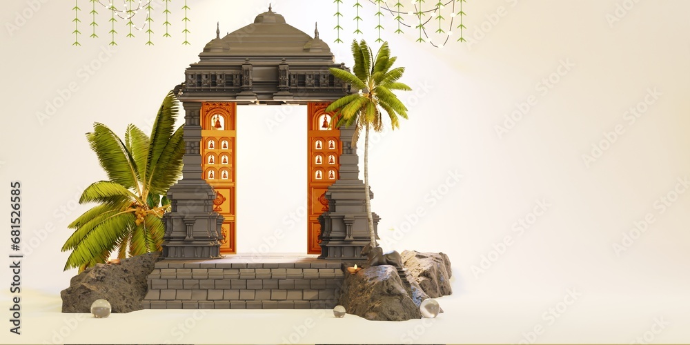 minimal Temple scene, design for Diwali and Pongal, hindu festival product display podium, 3d render background - obrazy, fototapety, plakaty 