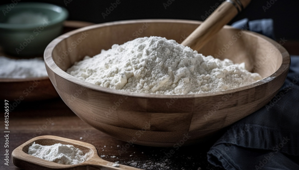 Organic flour mixed with milk, dough kneaded with wooden spoon generated by AI Organic flour mixed with milk, dough kneaded with wooden spoon generated by AI