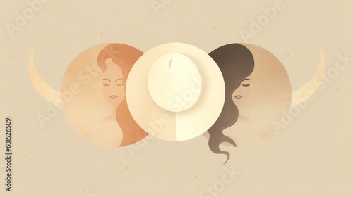 triple moon symbol, three phases of the moon that symbolises woman empowerment, soft color palette, copy space, 16:9 photo