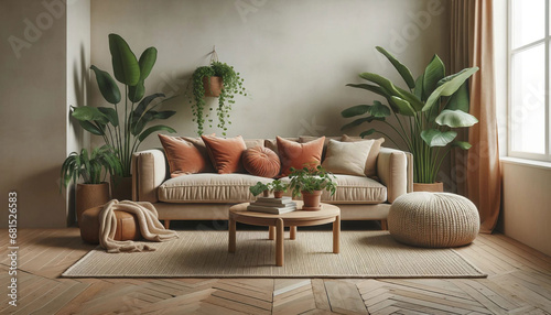 Beige velvet sofa with terra cotta cushions between houseplants. Wooden round coffee table near ottoman on knitted rug. Scandinavian interior design of modern living room photo