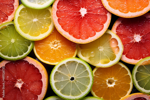 illustration of citrus fruit slices background. Created with Generative AI © agrus_aiart